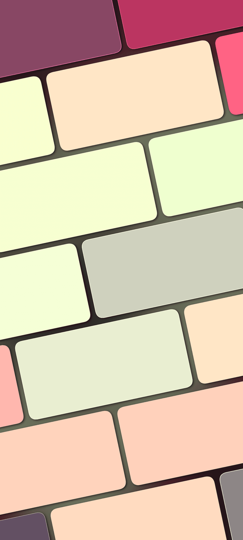 Interlocking rounded rectangles in pastel and jewel tones feature soft shadows and thin dark outlines for depth.