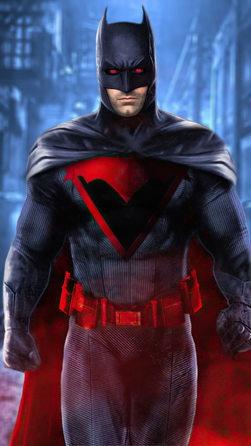 Batman stands in a dark suit featuring a red Superman emblem, glowing red eyes, and a flowing crimson cape.