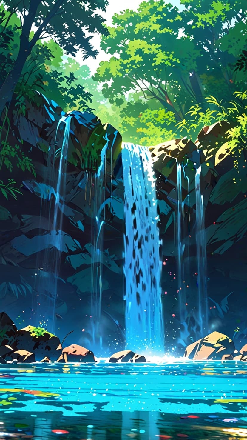 Tiered waterfall flows into a clear turquoise pond surrounded by sunlit ferns and dense green forest foliage.