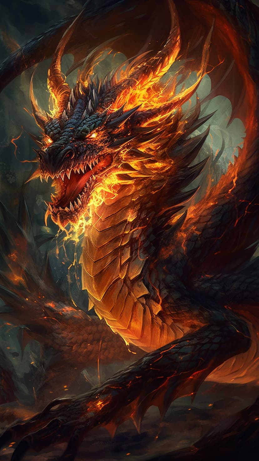 Obsidian dragon with glowing gold eyes roars amidst orange flames, smoke, and embers in a vertical composition.