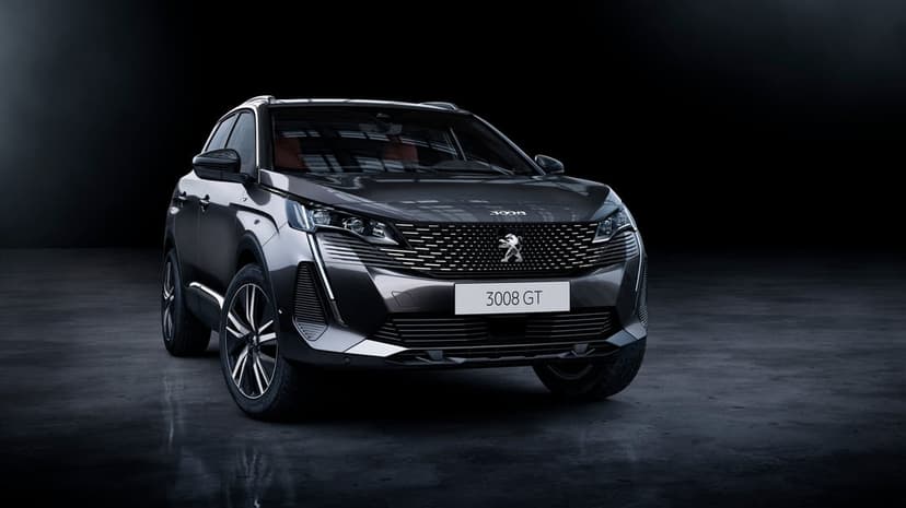 Peugeot 3008 GT SUV in a dark studio with glowing LED lights and metallic grey finish on a reflective floor.