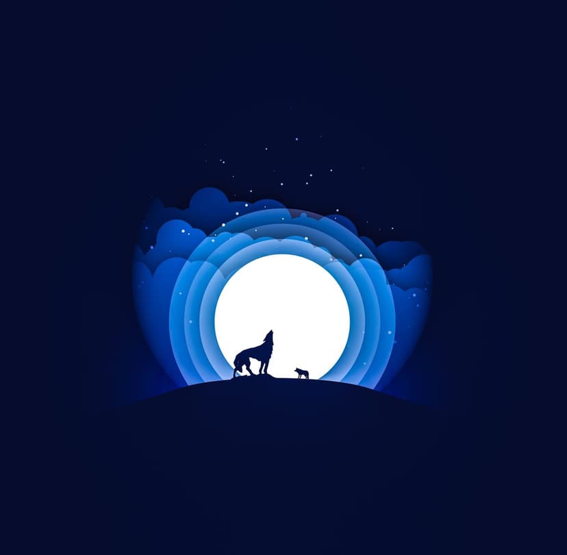Wolf and cub silhouettes howl atop a dark hill before a giant full moon and circular blue clouds at night.