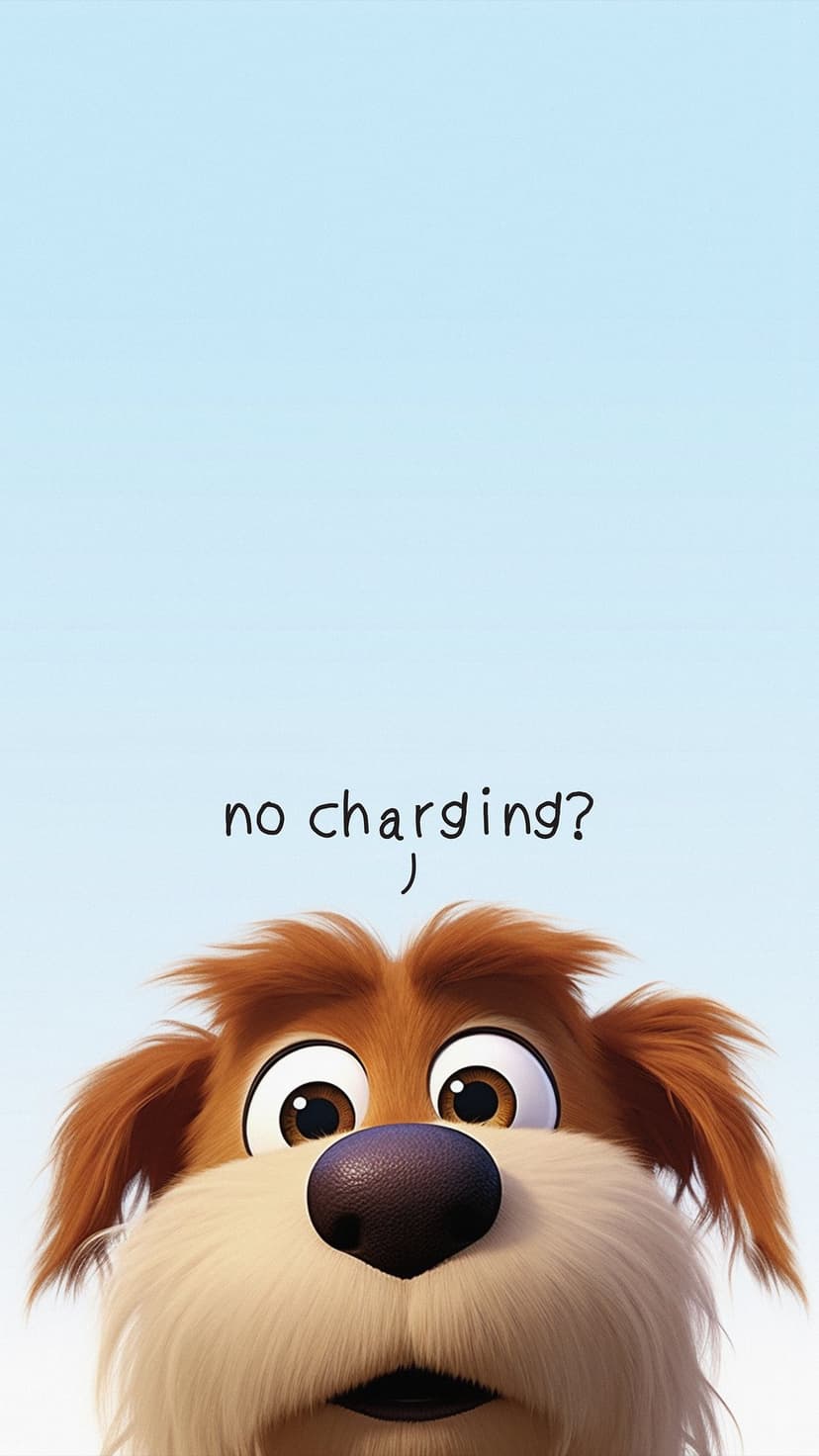Fluffy puppy with large expressive eyes looks upward beside the text no charging? on a solid color background.