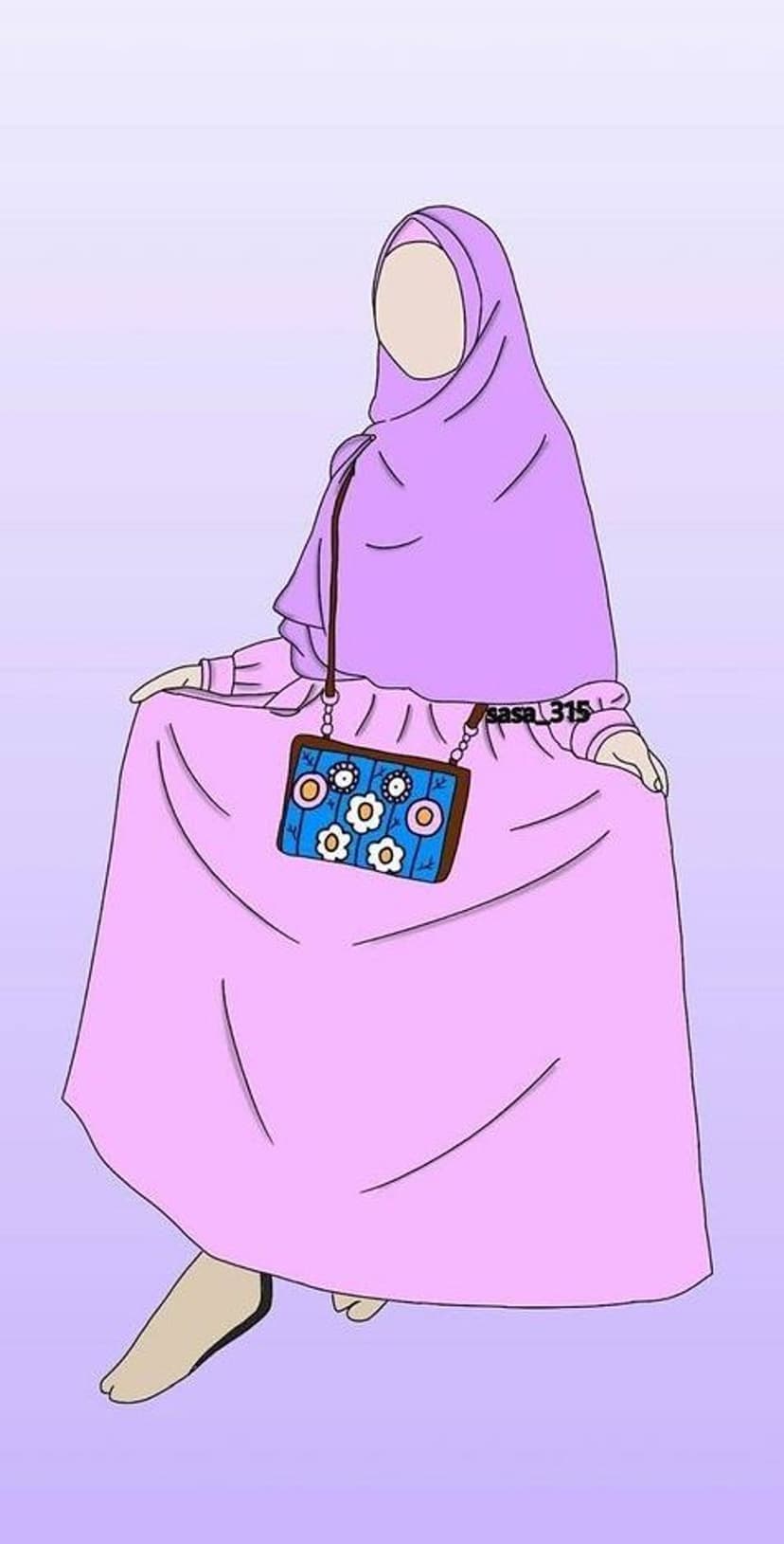 Faceless woman wearing a pink hijab and long dress holding a blue floral handbag against a soft purple background.