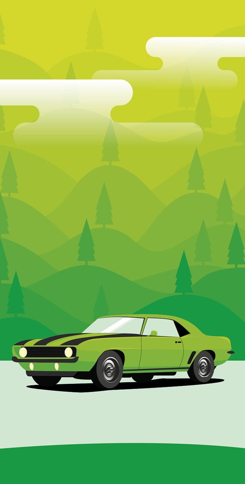 Green muscle car with black stripes driving on a winding road past evergreen trees and rolling mountain hills.
