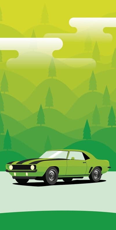 Retro Emerald Muscle Car Mountain Road Mobile Wallpaper