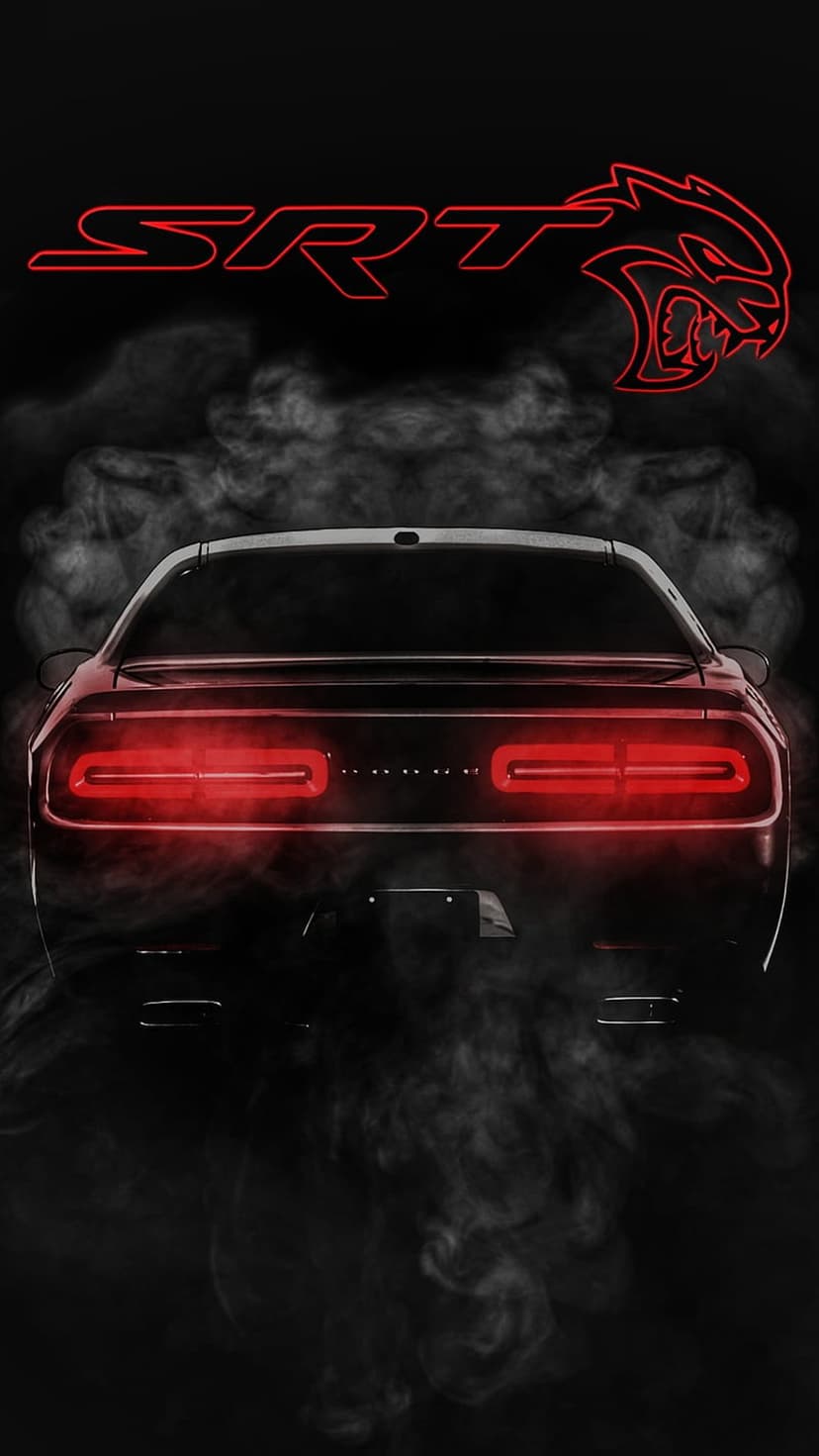 Dodge SRT Hellcat rear with glowing red LED taillights, illuminated logo, and white smoke against a dark background.