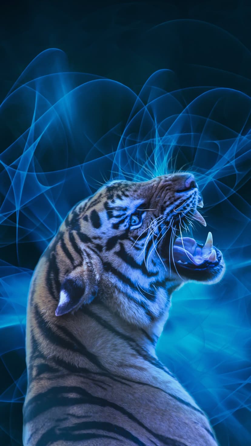 Tiger with open mouth roaring amidst glowing electric blue swirls and dark shadows in a vertical composition.