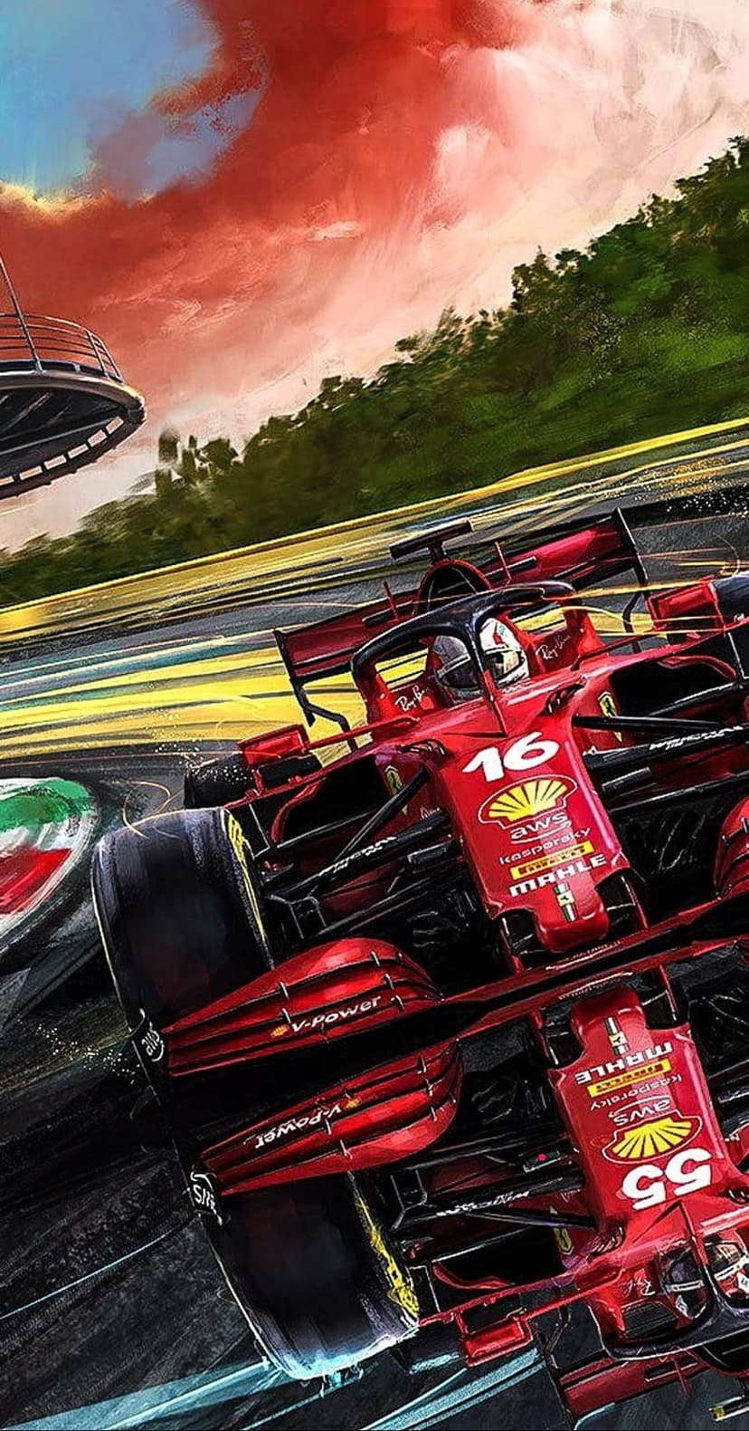 Two red Ferrari F1 cars with numbers 16 and 55 racing on a track under a bright orange and red sunset sky.