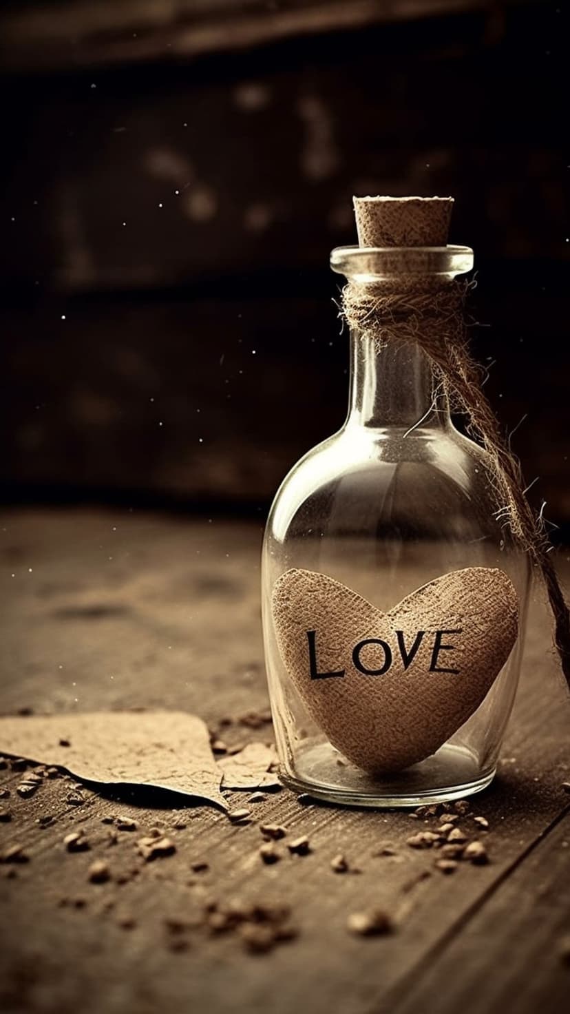Burlap heart with LOVE text inside a corked glass bottle sitting on a dark rustic wooden table in a close-up shot.