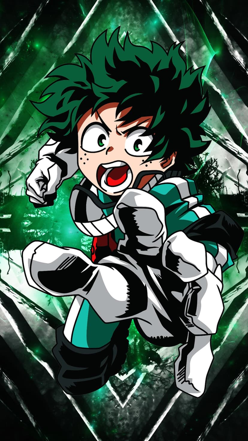 Izuku Midoriya with glowing green veins and lightning energy surges through a dark background with blurred motion.