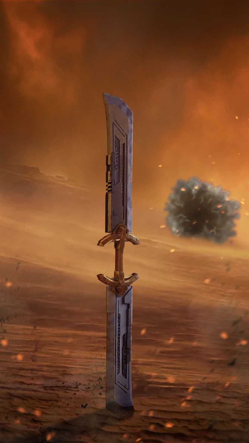 Thanos’ double-bladed sword remains upright in a desolate battlefield under a smoky, orange sky filled with embers.