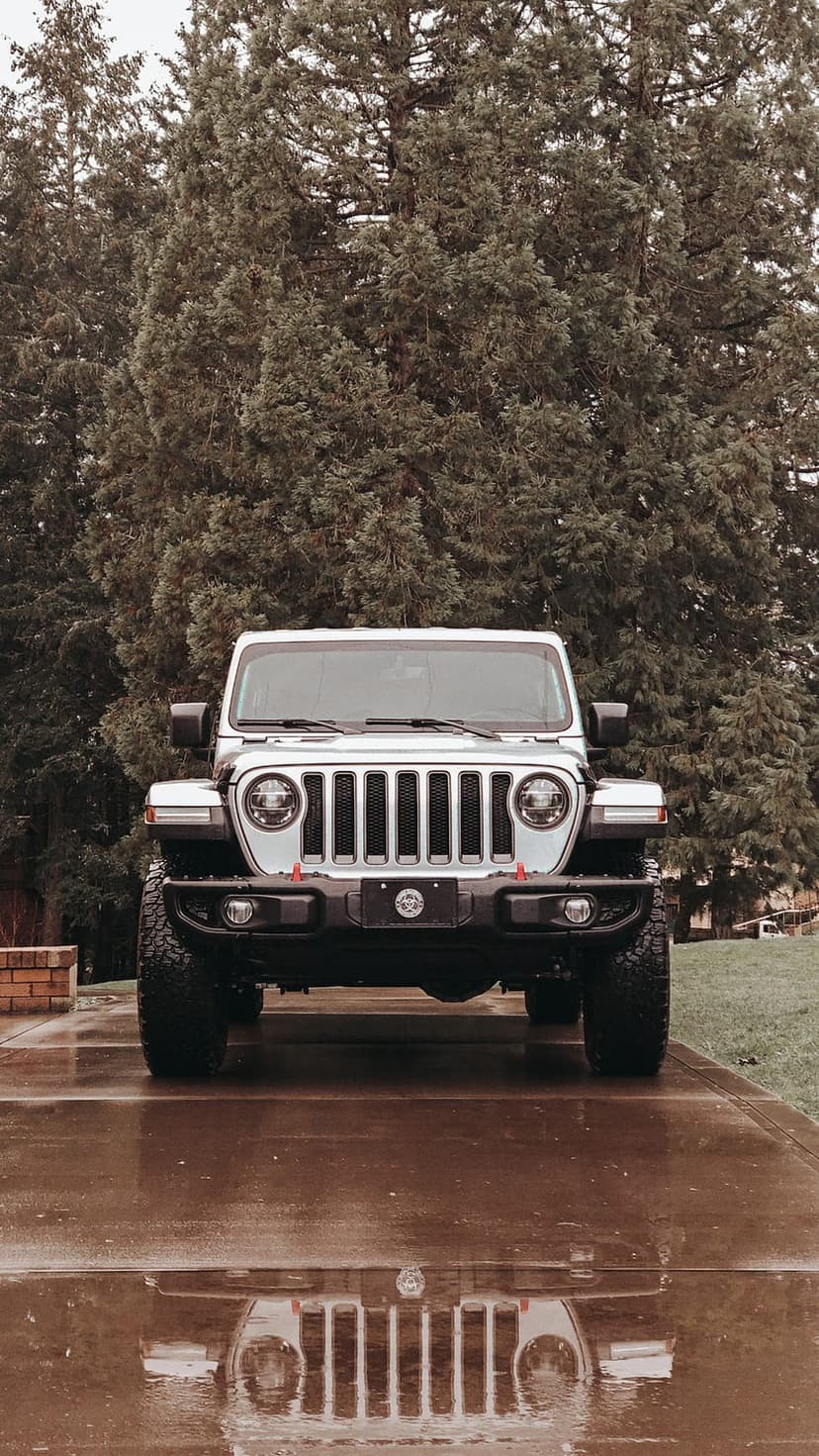 Silver Jeep Wrangler reflected on a rain-slicked driveway with dark green coniferous trees behind the vehicle.