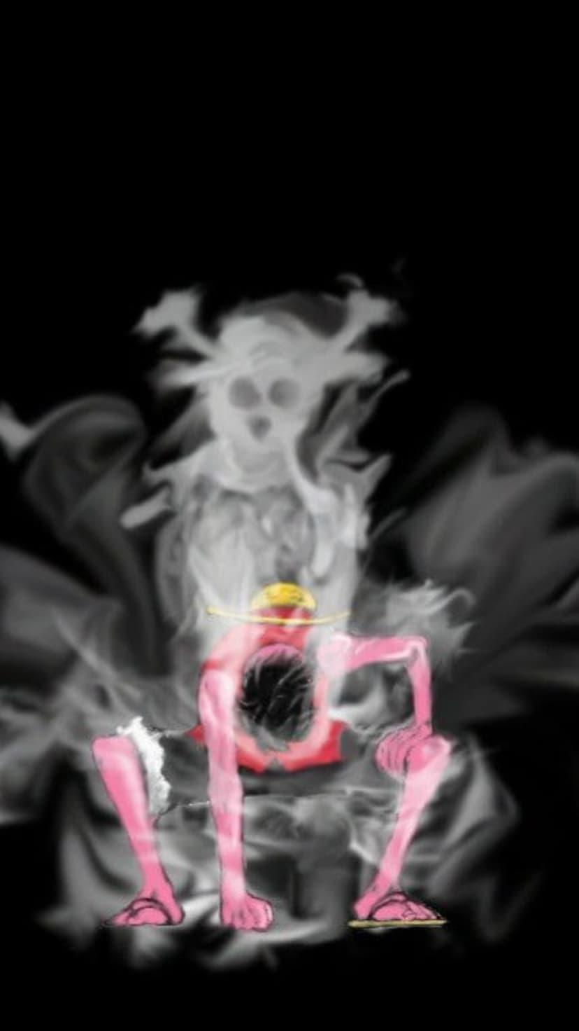Monkey D. Luffy in Gear 5 form glows with white smoke under a spectral Jolly Roger logo against a black background.