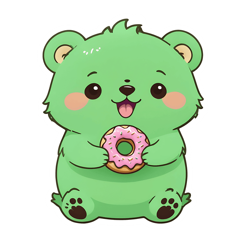 Green bear character sticker holding a pink frosted donut with sprinkles and showcasing a flat vector style.
