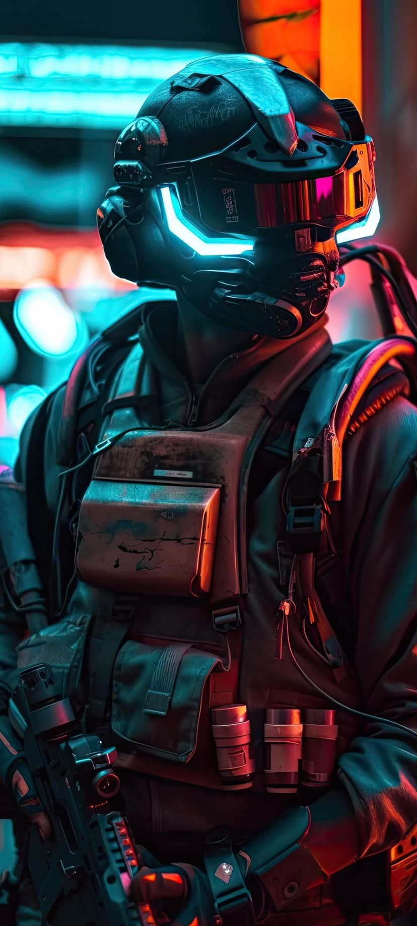 Cyberpunk soldier wearing a glowing neon helmet with a blue visor and tactical vest in a dark sci-fi setting.