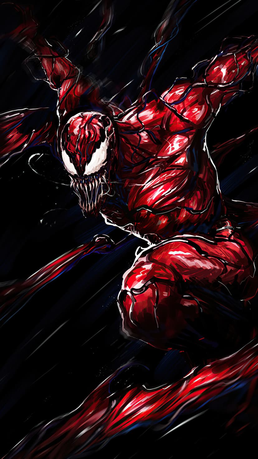Carnage crouches with sharp teeth and white eyes amidst swirling red tendrils and a dark abstract background.