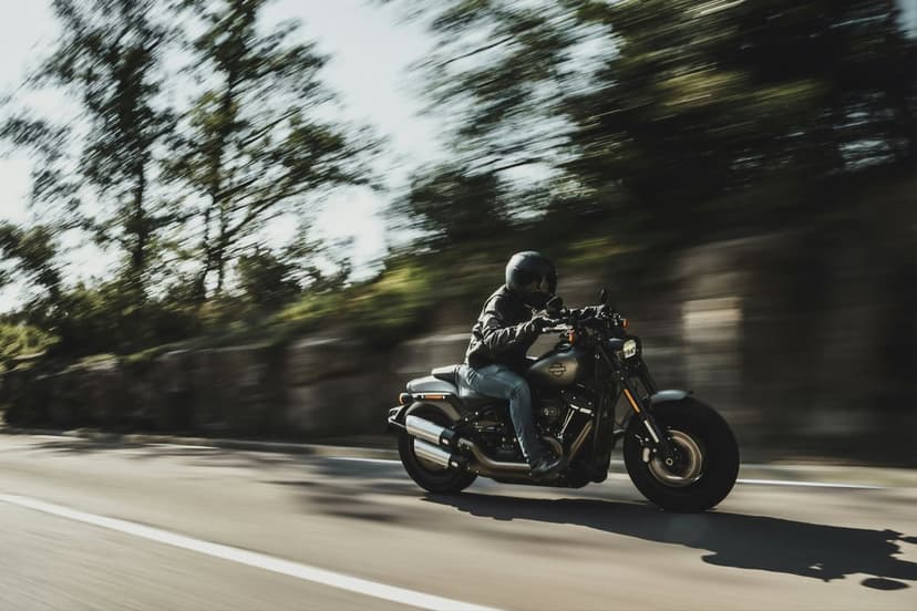 Motorcyclist in black leather riding a cruiser down a sunlit road with heavy motion blur on the green trees.