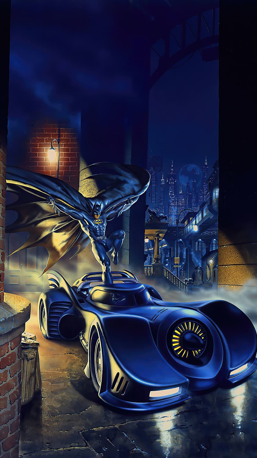 Batman perches on the Batmobile in a rain-slicked alleyway surrounded by dark urban buildings and neon lighting.