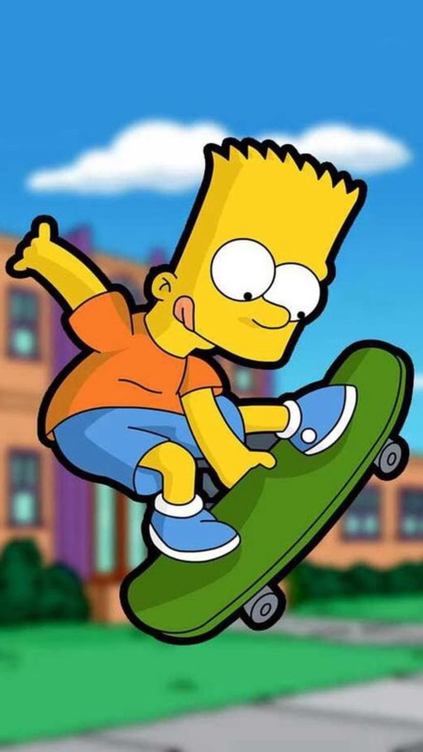 Bart Simpson jumps a green skateboard in mid-air wearing an orange shirt with a blurred suburban house behind him.