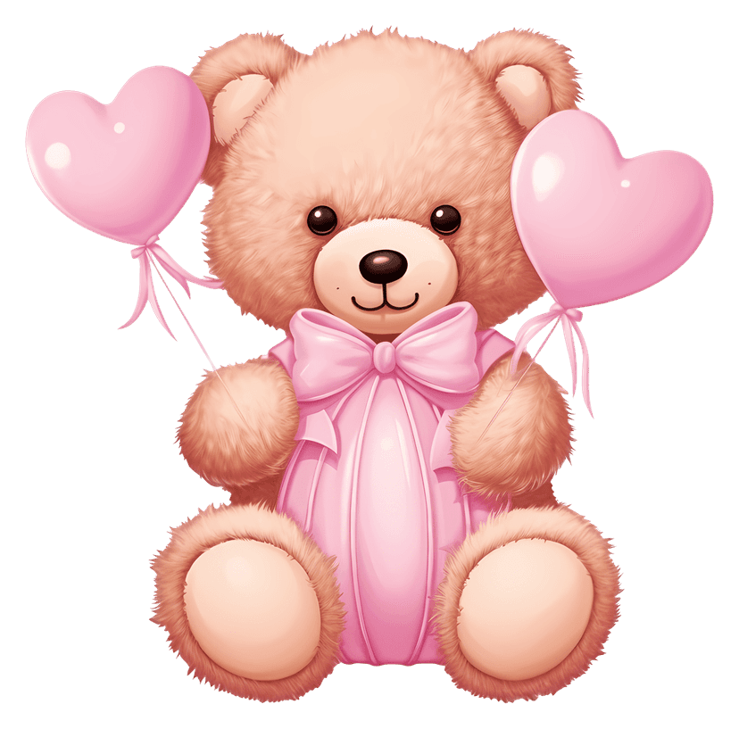 Pink teddy bear plush holding several heart-shaped balloons on strings. The bear has a matte finish and soft fur.