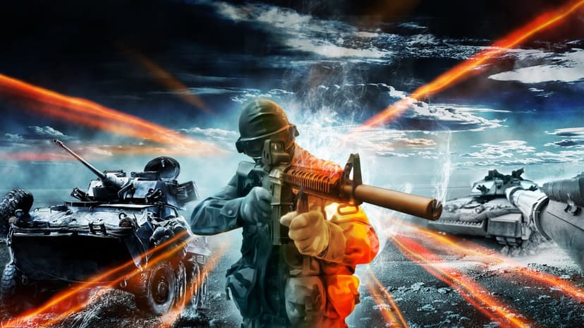 Soldier aiming a suppressed rifle between an armored vehicle and a tank under a stormy sky with orange light.