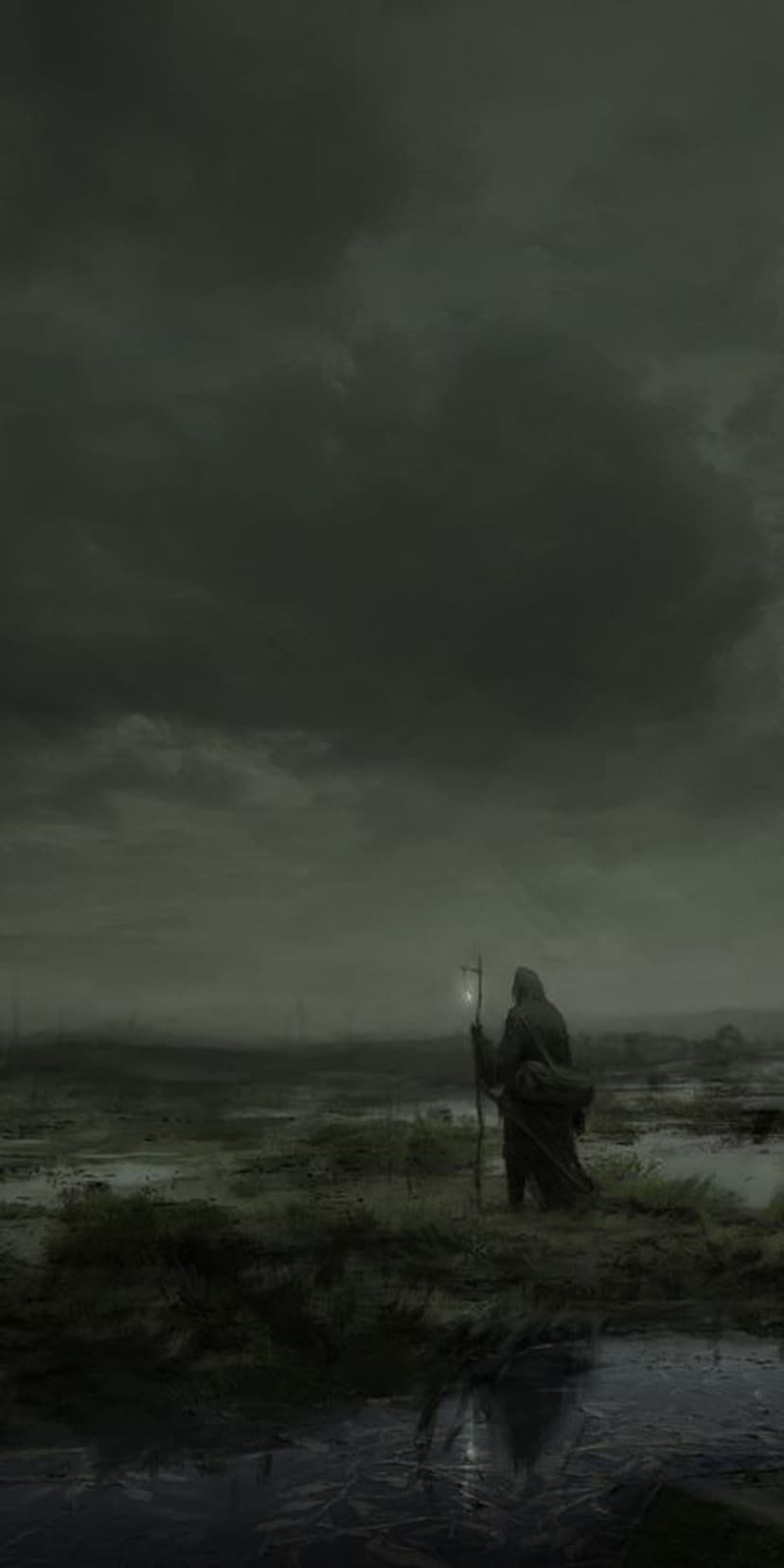 Robed figure holding a glowing lantern staff in a misty, desolate swamp with dark water and an overcast sky.
