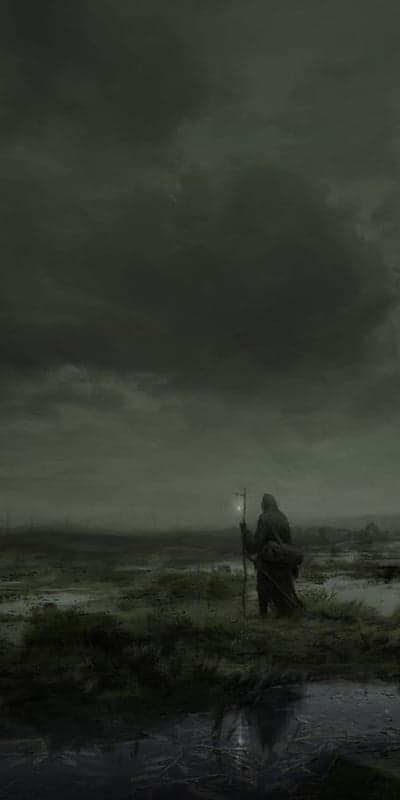 Misty Wanderer - A Somber Figure in a Desolate Swamp
