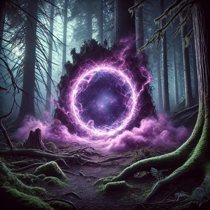 Luminous purple energy portal swirling between ancient mossy tree roots in a dark, atmospheric fantasy forest.