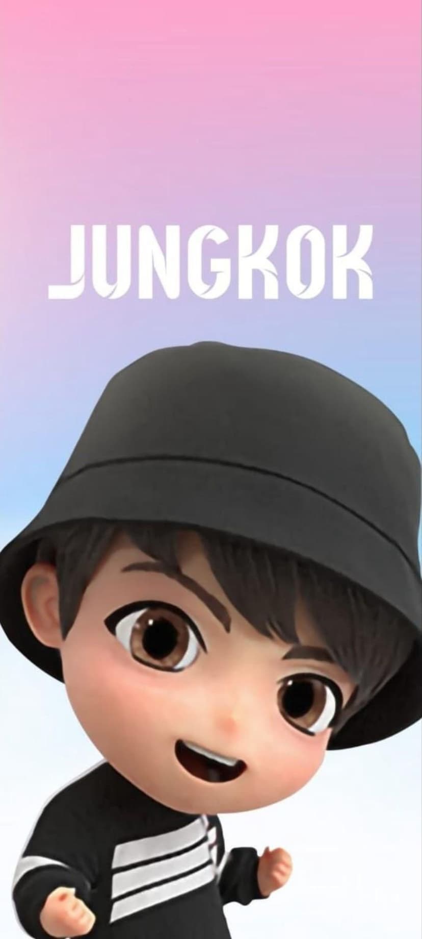 Jungkook in a black bucket hat and striped shirt stands against a soft pink and blue gradient background.