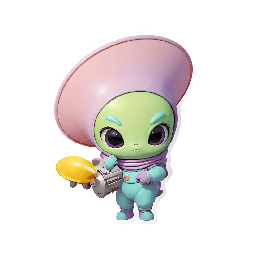 Green alien sticker character wearing a pink hat and purple scarf holding a yellow ray gun in a 3D style.