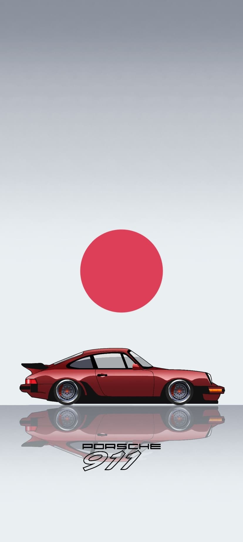 Red Porsche 911 sports car parked on a reflective surface below a large solid red circle minimalist graphic.