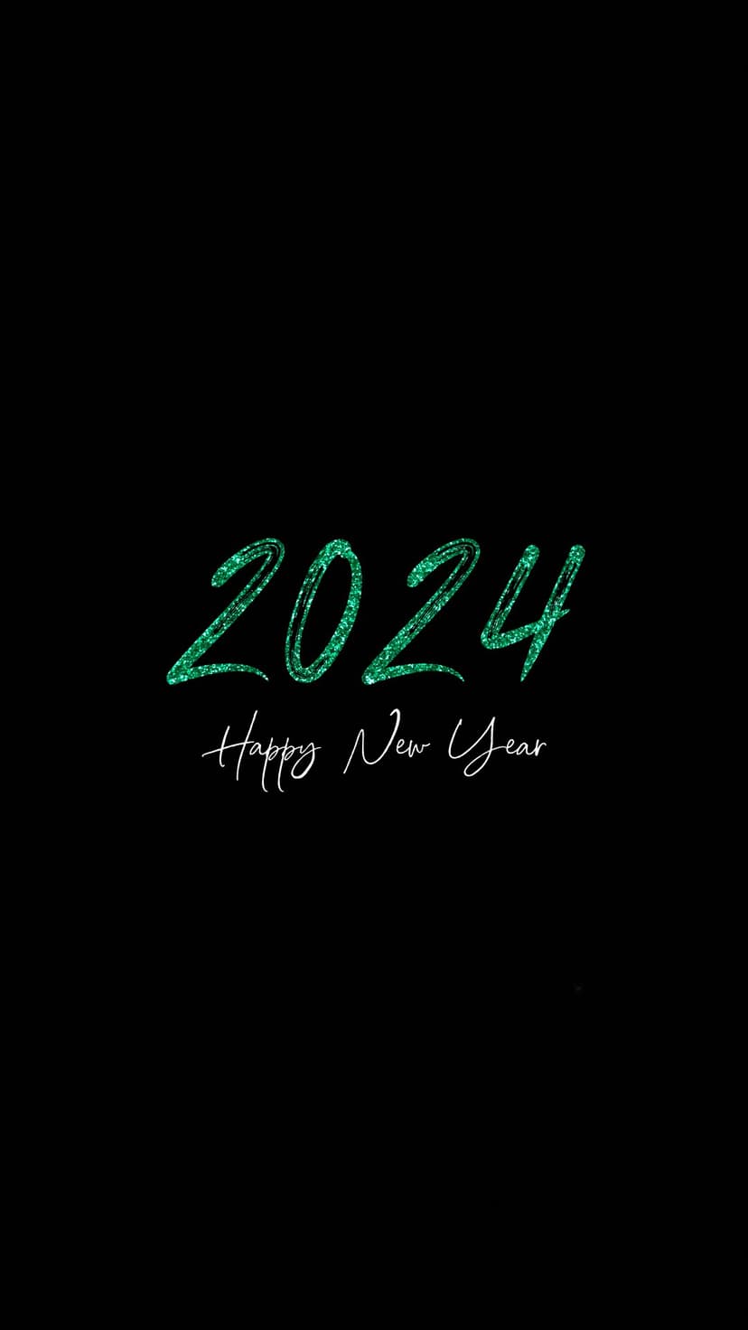 Shimmering green 2024 glitter text and festive script typography centered on a solid black background.