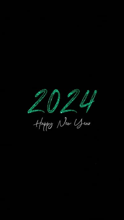 Happy New Year 2024 Green Glitter Text on Black Background