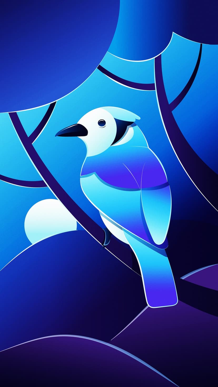 Blue jay with sharp geometric edges sits on a branch against a purple gradient sky with a luminous circular moon.