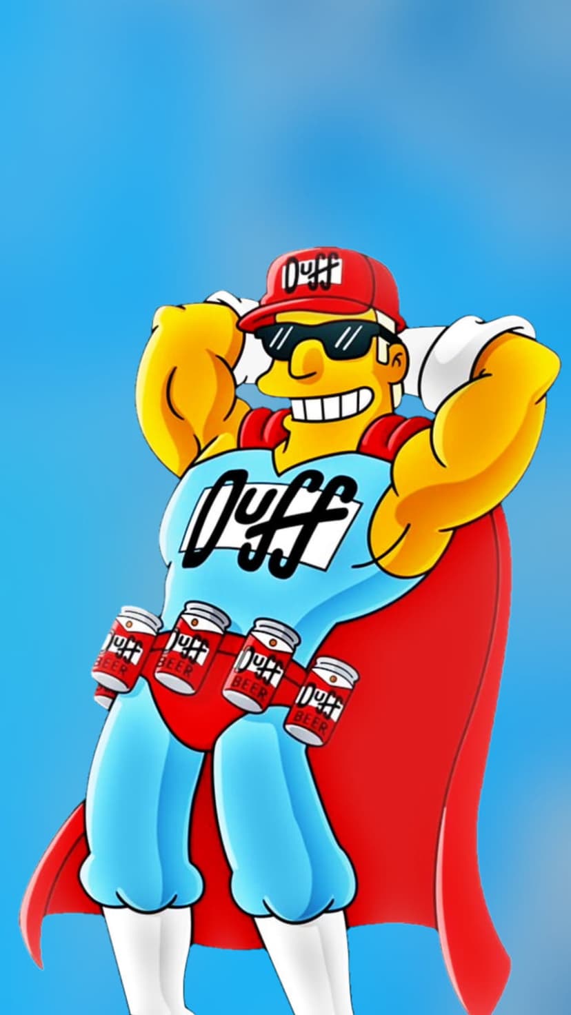 Homer Simpson wears a red cape and blue superhero suit with a beer utility belt against a bright blue sky.