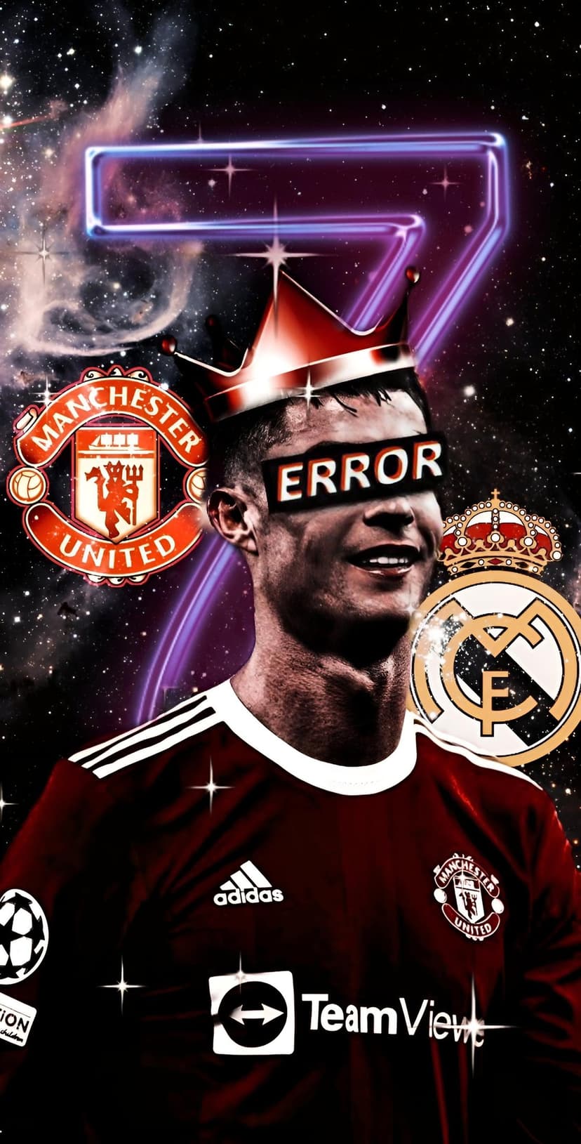 Cristiano Ronaldo features a white error bar over his eyes against a cosmic sky with glowing club crests.