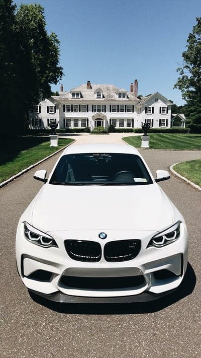 White BMW M2 Coupe and Luxury Estate Mansion Wallpaper