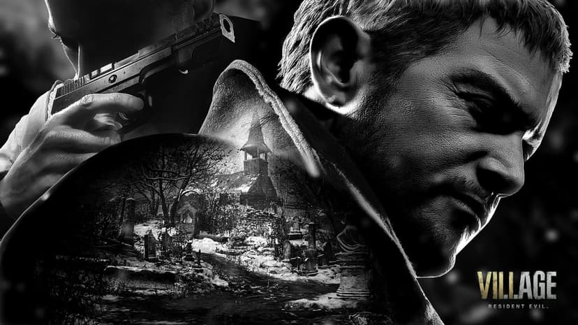 Chris Redfield profile in a high-contrast black and white double exposure with a snowy village church scene.