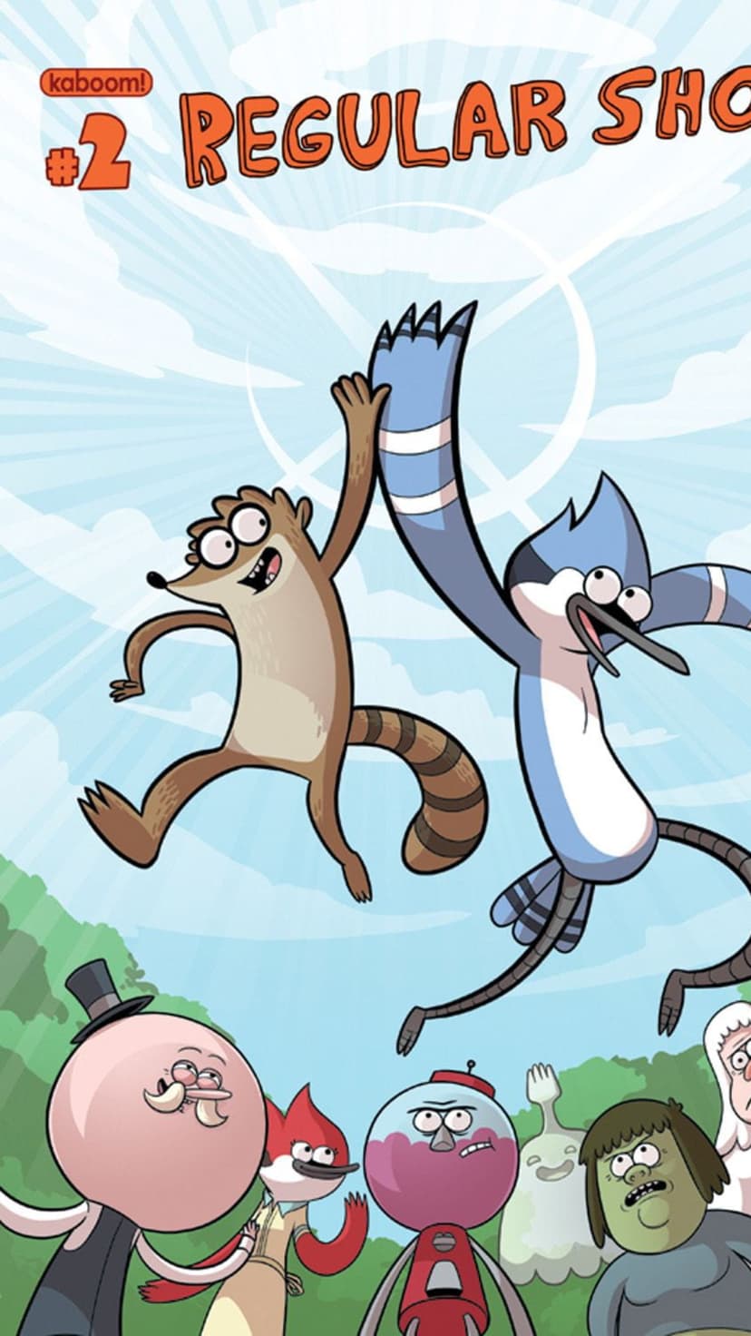 Mordecai and Rigby leap joyfully above Benson, Skips, and Pops against a clear blue sky in a vertical layout.