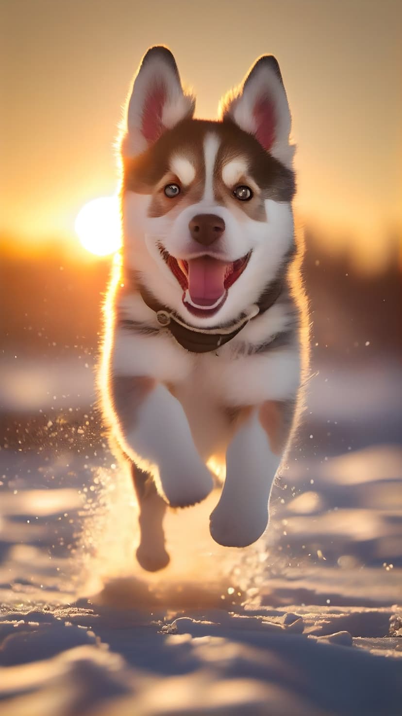 Husky puppy with blue eyes running through deep snow at sunset with golden backlighting and kicked up snowflakes.