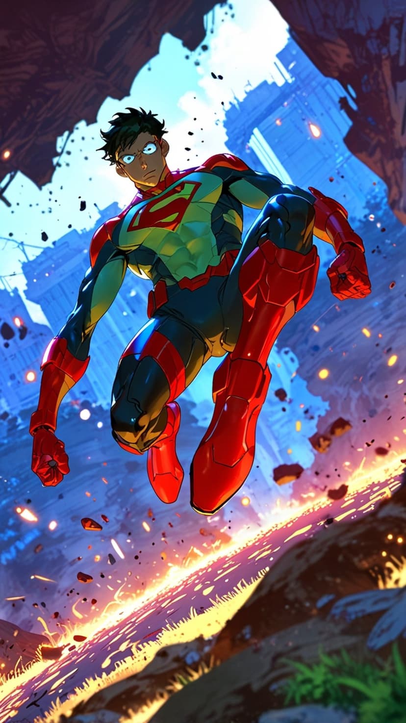 Superhero in a red and blue suit leaps through orange fire and smoke above a ruined city with a blue sky.