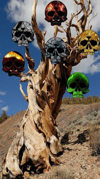 Gothic Desert Tree with Metallic Skulls Phone Wallpaper