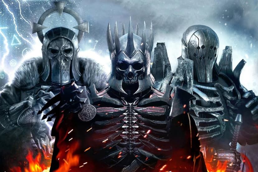 Three dark knights in skeletal armor stand amidst snow and lightning with glowing embers in the foreground.