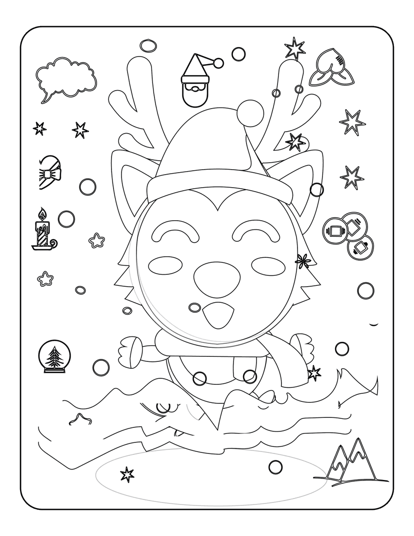 Christmas deer coloring page with Santa hat, snowflakes, snow globe, and candle in black and white line art.