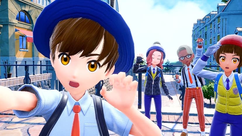 Group of four anime students in blue and yellow uniforms taking a selfie in a bright Mediterranean city square.