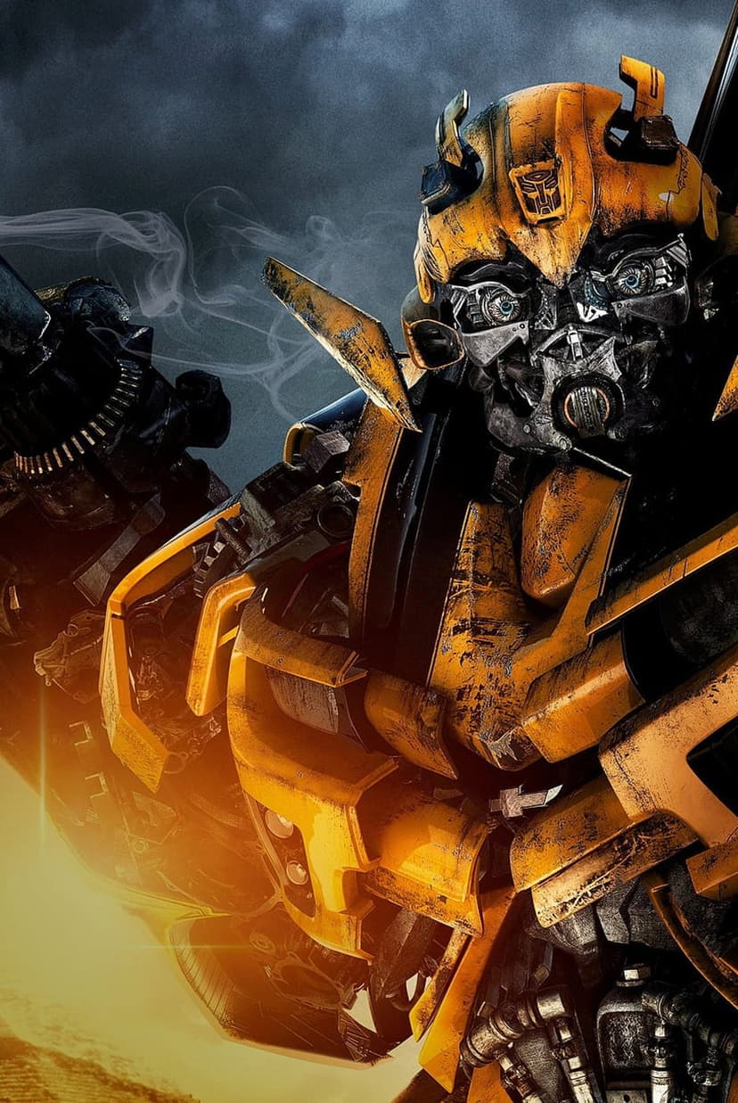 Bumblebee faces a dark mechanical enemy with glowing eyes amidst swirling smoke and cinematic lighting.