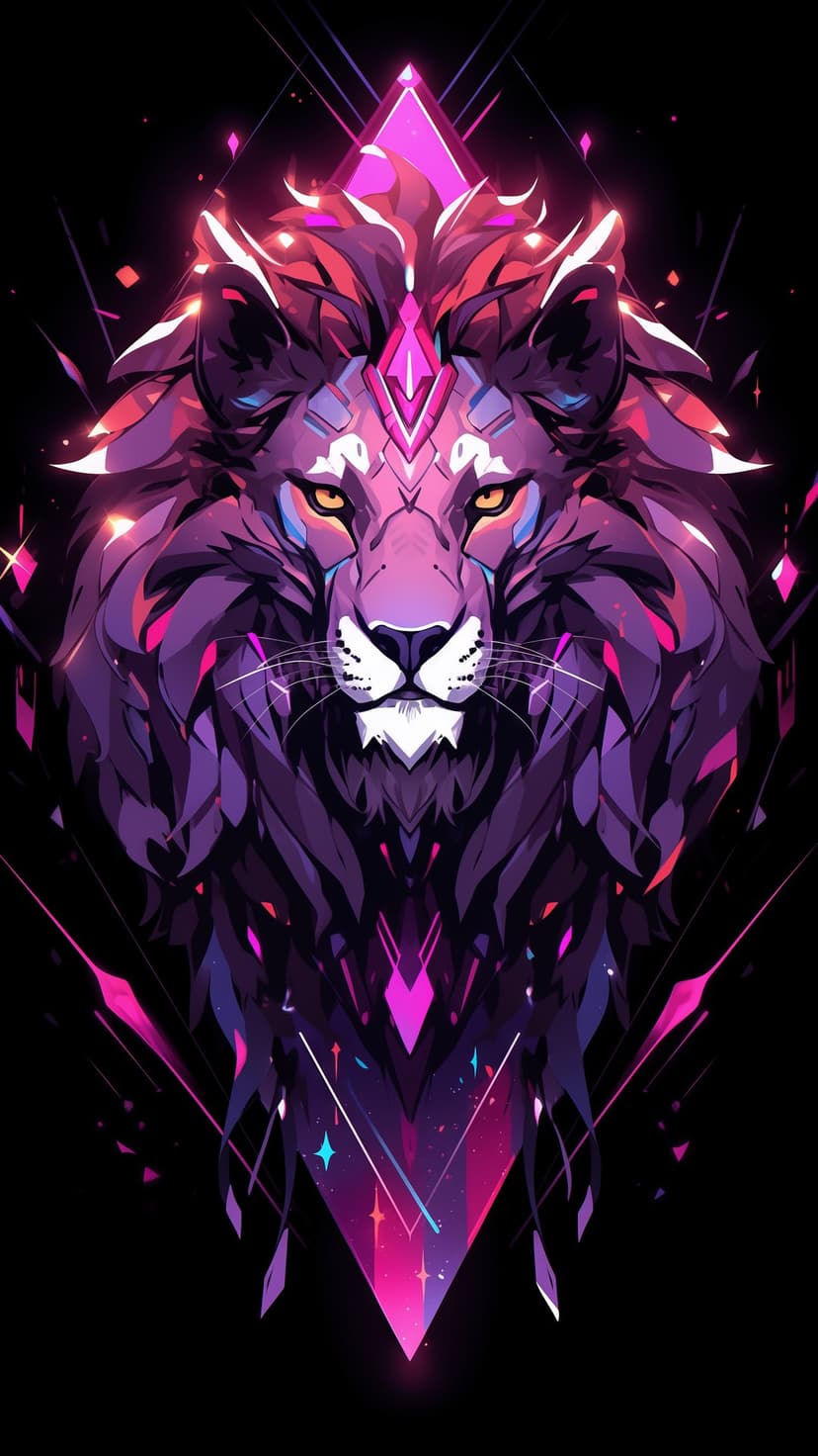 Lion head composed of radiant magenta and violet geometric triangles against a dark starlit background.