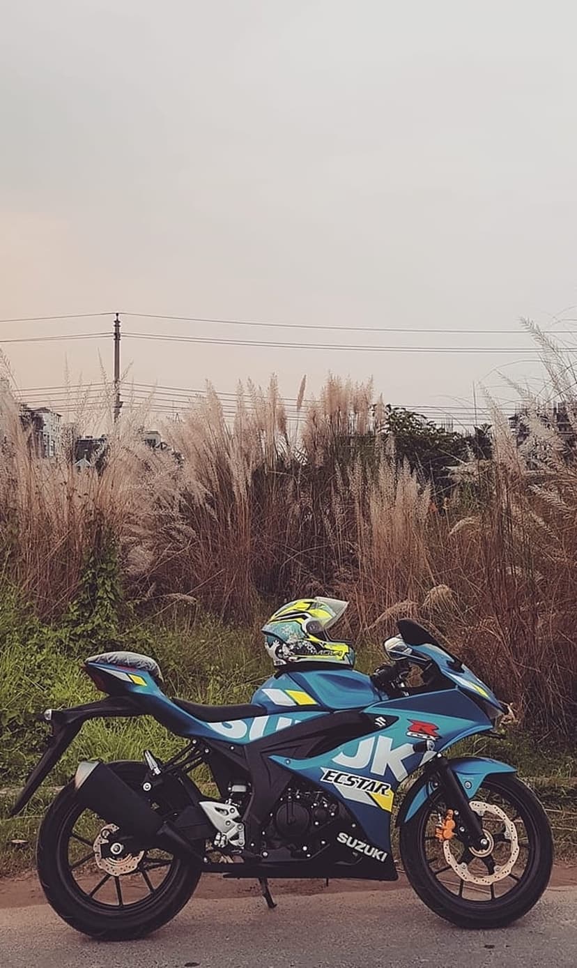 Blue Suzuki sportbike with a helmet on the seat parked in a field of tall wispy grasses under a hazy morning sky.