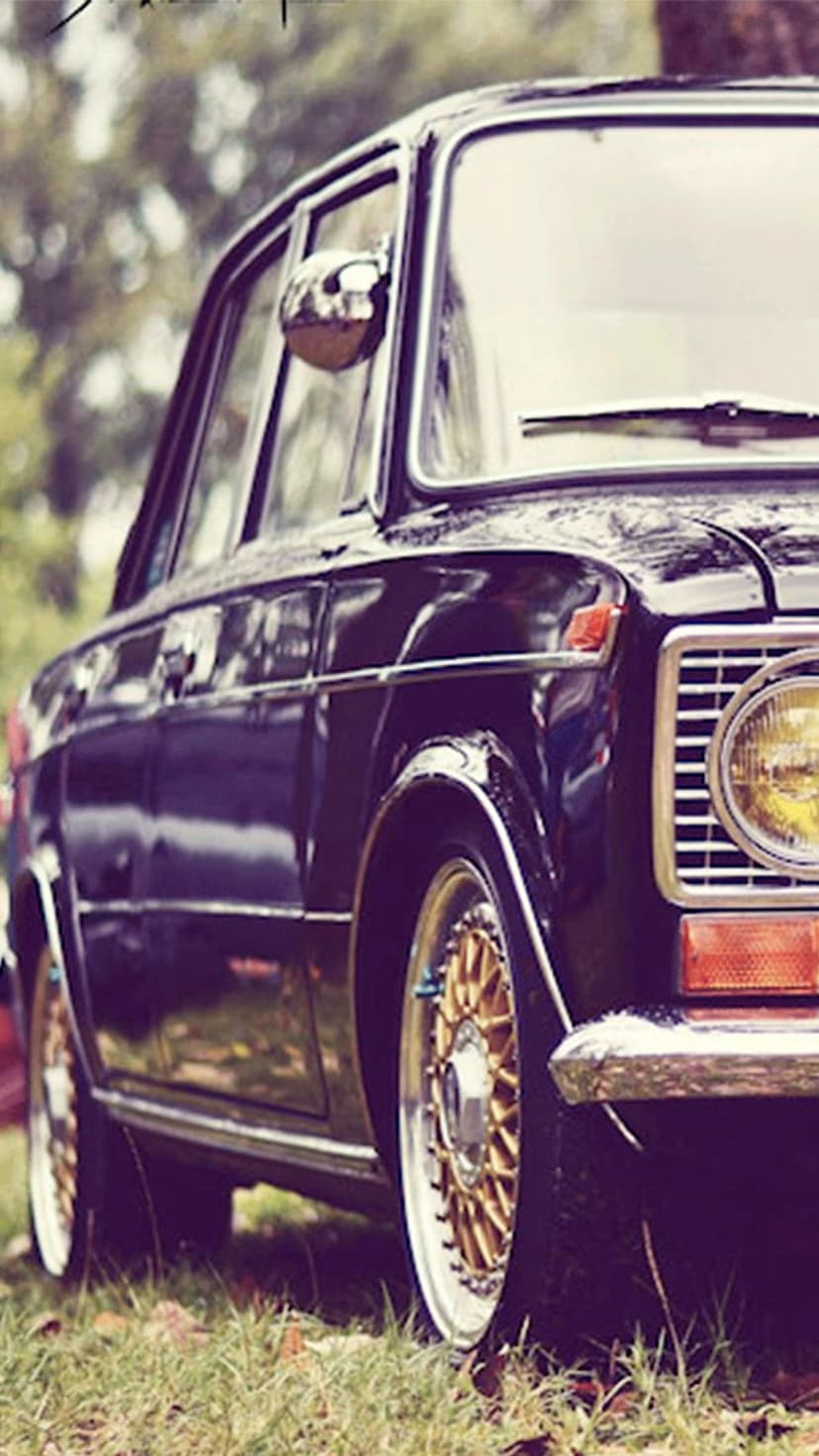 Vintage black car with gold multi-spoke rims parked on a lush green lawn during a bright sunny afternoon.
